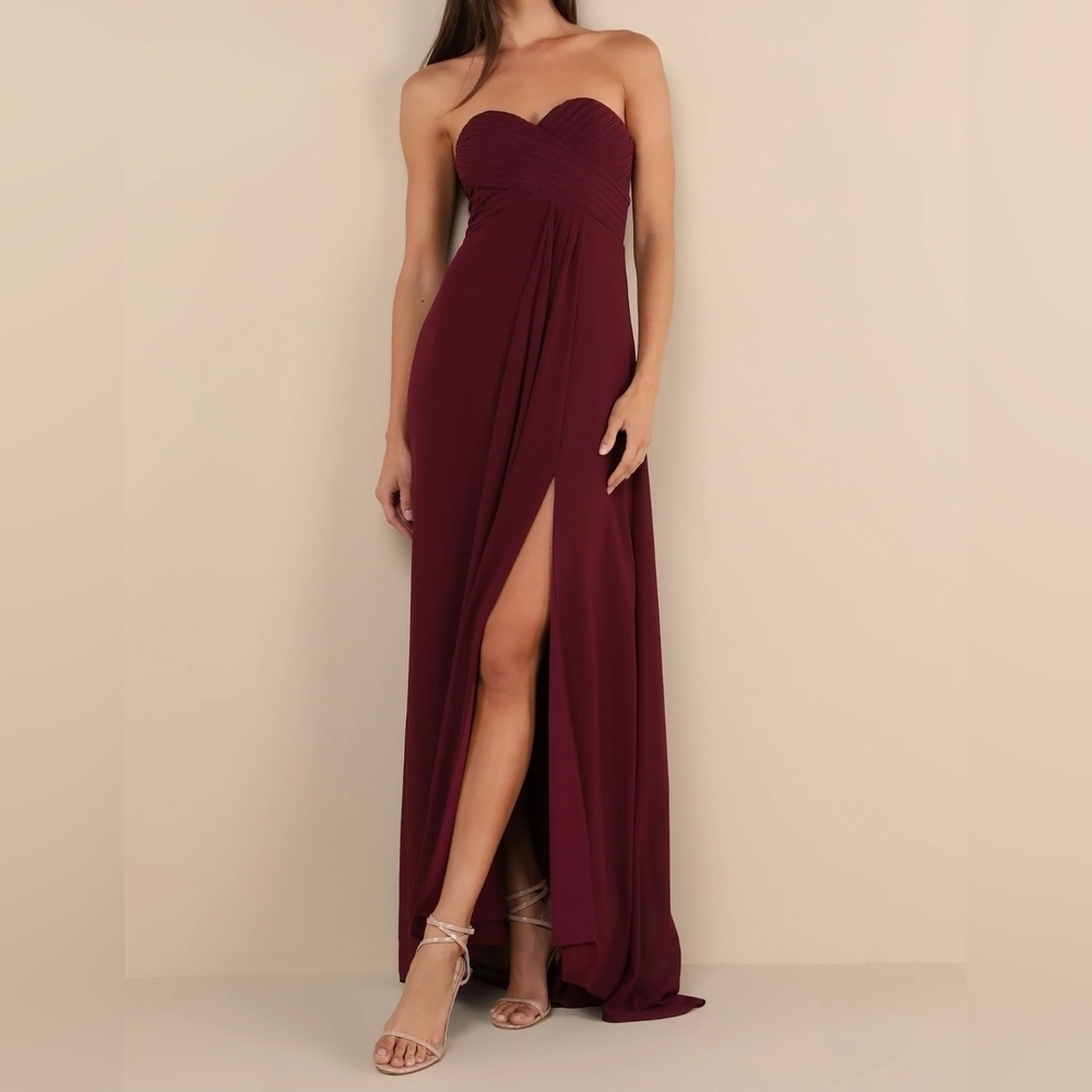Lulus Splendid Aura Plum Purple Wine Chiffon Pleated Strapless Maxi Dress, XS